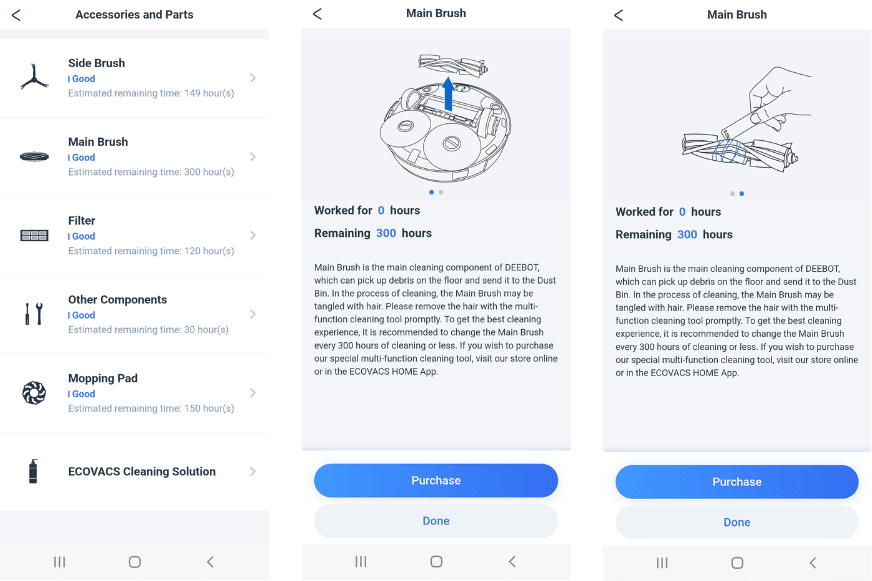 Wartungshinweise der einzelnen Ersatzteile werden in der Ecovacs Deebot X1 Turbo App angezeigt
